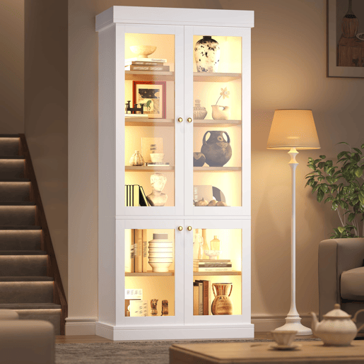 Vitrina alta - LED integrado, portas de vidro, prateleiras ajustáveis e sistema anti-tombamento - Branco Vitrina alta - LED integrado, portas de vidro, prateleiras ajustáveis e sistema anti-tombamento - Branco