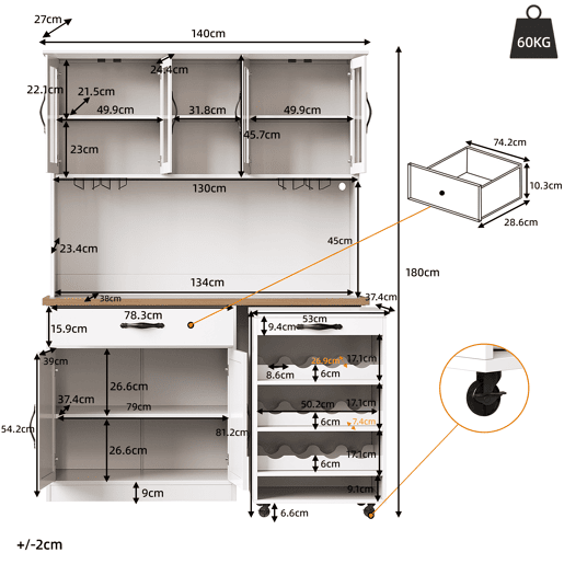 Armário de cozinha de mdf com 6 portas,1 gaveta e luz led,branco