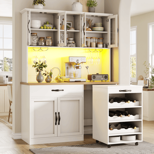 Armário de cozinha de mdf com 6 portas,1 gaveta e luz led,branco