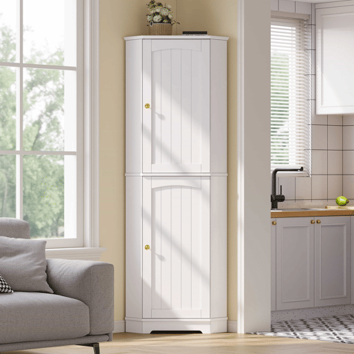 Armário de canto 42 × 42 × 166 cm u2014 com 2 portas e prateleiras ajustáveis para a cozinha, a sala de jantar e a sala de estar u2014 Branco Armário de canto 42 × 42 × 166 cm u2014 com 2 portas e prateleiras ajustáveis para a cozinha, a sala de jantar e a sala de estar u2014 Branco