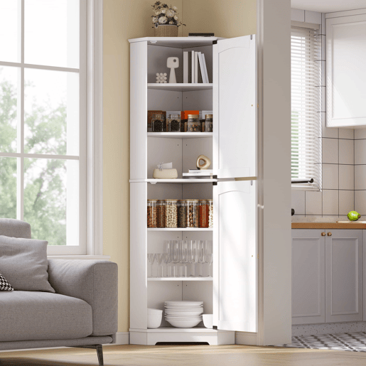 Armário de canto 42 × 42 × 166 cm u2014 com 2 portas e prateleiras ajustáveis para a cozinha, a sala de jantar e a sala de estar u2014 Branco Armário de canto 42 × 42 × 166 cm u2014 com 2 portas e prateleiras ajustáveis para a cozinha, a sala de jantar e a sala de estar u2014 Branco