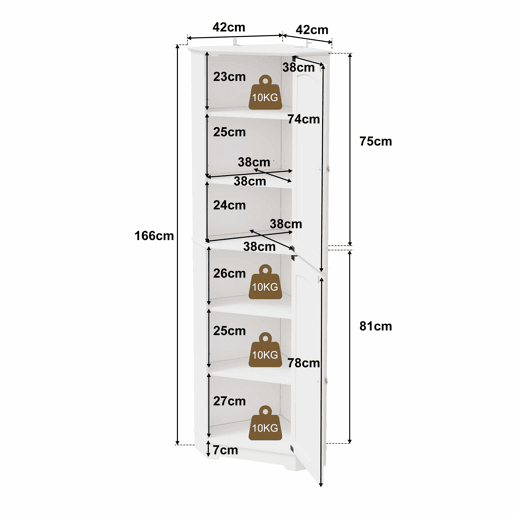 Armário de canto 42 × 42 × 166 cm u2014 com 2 portas e prateleiras ajustáveis para a cozinha, a sala de jantar e a sala de estar u2014 Branco Armário de canto 42 × 42 × 166 cm u2014 com 2 portas e prateleiras ajustáveis para a cozinha, a sala de jantar e a sala de estar u2014 Branco