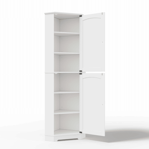 Armário de canto 42 × 42 × 166 cm u2014 com 2 portas e prateleiras ajustáveis para a cozinha, a sala de jantar e a sala de estar u2014 Branco Armário de canto 42 × 42 × 166 cm u2014 com 2 portas e prateleiras ajustáveis para a cozinha, a sala de jantar e a sala de estar u2014 Branco