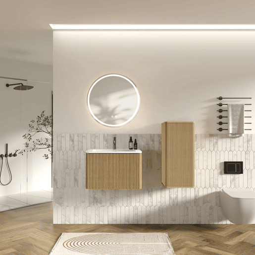 Conjunto de mobiliário de casa de banho de 61 cm u2013 suspenso com lavatório, espelho redondo com iluminação LED e armário auxiliar moderno u2013 cor carvalho Conjunto de mobiliário de casa de banho de 61 cm u2013 suspenso com lavatório, espelho redondo com iluminação LED e armário auxiliar moderno u2013 cor carvalho