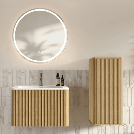 Conjunto de mobiliário de casa de banho de 61 cm u2013 suspenso com lavatório, espelho redondo com iluminação LED e armário auxiliar moderno u2013 cor carvalho Conjunto de mobiliário de casa de banho de 61 cm u2013 suspenso com lavatório, espelho redondo com iluminação LED e armário auxiliar moderno u2013 cor carvalho