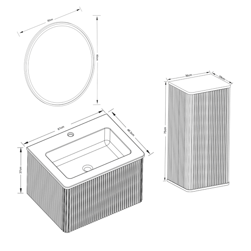 Conjunto de mobiliário de casa de banho de 61 cm u2013 suspenso com lavatório, espelho redondo com iluminação LED e armário auxiliar moderno u2013 cor carvalho Conjunto de mobiliário de casa de banho de 61 cm u2013 suspenso com lavatório, espelho redondo com iluminação LED e armário auxiliar moderno u2013 cor carvalho