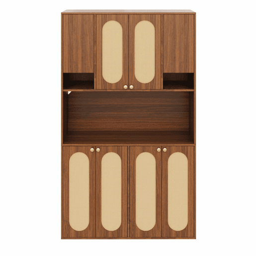 Aparador alto de 178 cm u2013 armário com portas em rattan PE, iluminação LED regulável, espaço para guardar louça e mantimentos u2013 Natural