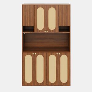 Aparador alto de 178 cm u2013 armário com portas em rattan PE, iluminação LED regulável, espaço para guardar louça e mantimentos u2013 Natural