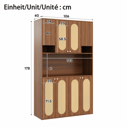 Aparador alto de 178 cm u2013 armário com portas em rattan PE, iluminação LED regulável, espaço para guardar louça e mantimentos u2013 Natural