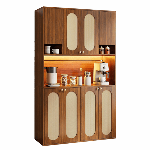 Aparador alto de 178 cm u2013 armário com portas em rattan PE, iluminação LED regulável, espaço para guardar louça e mantimentos u2013 Natural