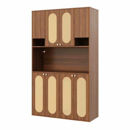 Aparador alto de 178 cm u2013 armário com portas em rattan PE, iluminação LED regulável, espaço para guardar louça e mantimentos u2013 Natural