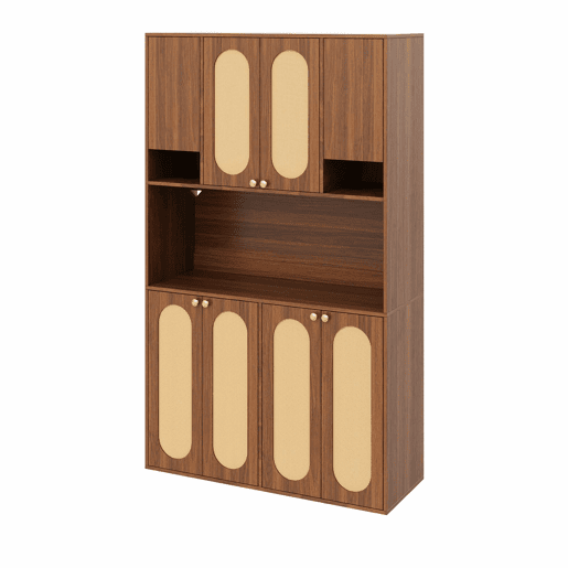 Aparador alto de 178 cm u2013 armário com portas em rattan PE, iluminação LED regulável, espaço para guardar louça e mantimentos u2013 Natural