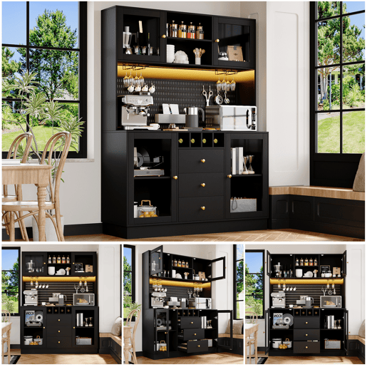 Armário de cozinha de mdf com 4 portas,3 gavetas e luz led,preto Armário de cozinha de mdf com 4 portas,3 gavetas e luz led,preto