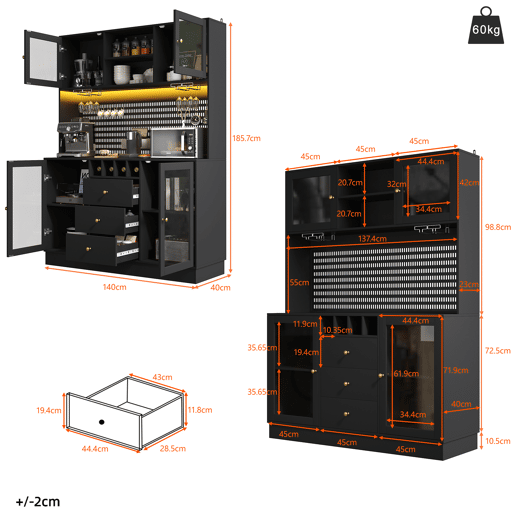 Armário de cozinha de mdf com 4 portas,3 gavetas e luz led,preto Armário de cozinha de mdf com 4 portas,3 gavetas e luz led,preto