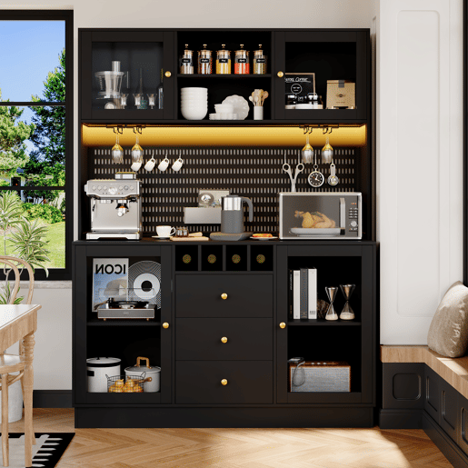 Armário de cozinha de mdf com 4 portas,3 gavetas e luz led,preto Armário de cozinha de mdf com 4 portas,3 gavetas e luz led,preto