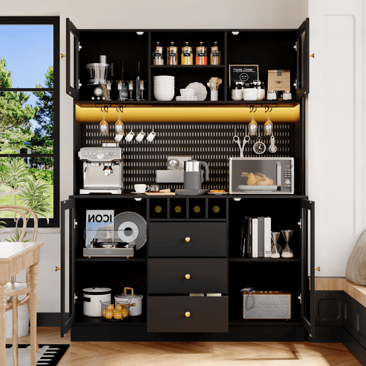 Armário de cozinha de mdf com 4 portas,3 gavetas e luz led,preto Armário de cozinha de mdf com 4 portas,3 gavetas e luz led,preto