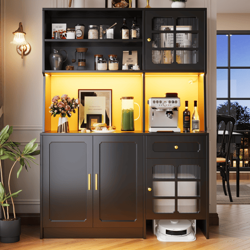 Armário de cozinha de mdf com 4 portas,1 gaveta e luz led,preto Armário de cozinha de mdf com 4 portas,1 gaveta e luz led,preto