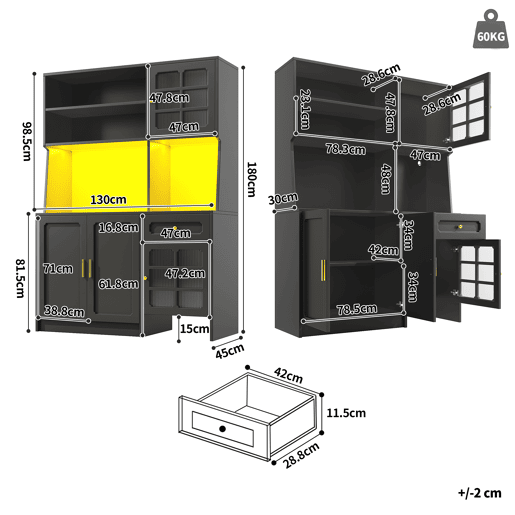 Armário de cozinha de mdf com 4 portas,1 gaveta e luz led,preto Armário de cozinha de mdf com 4 portas,1 gaveta e luz led,preto