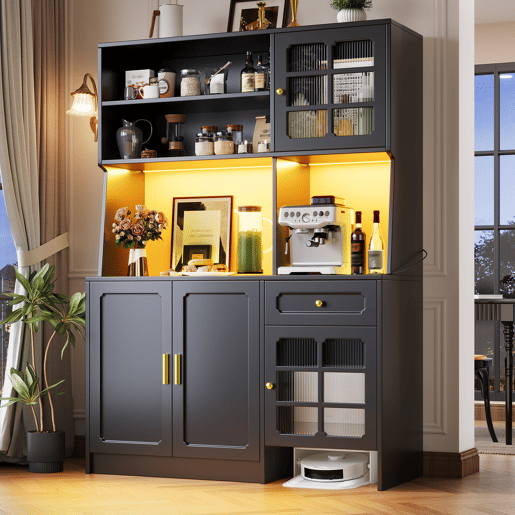 Armário de cozinha de mdf com 4 portas,1 gaveta e luz led,preto Armário de cozinha de mdf com 4 portas,1 gaveta e luz led,preto