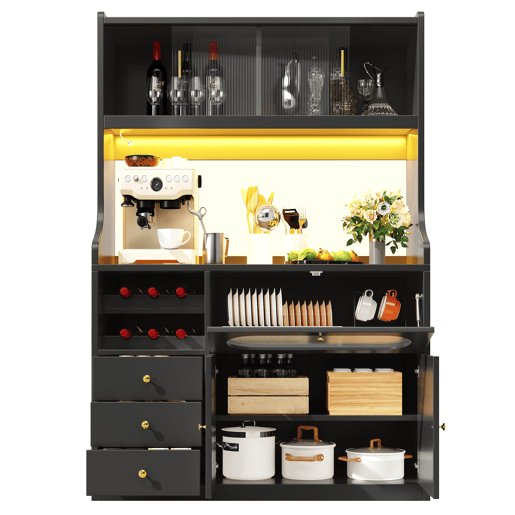 Armário de cozinha de mdf com 5 portas,3 gavetas e luz led,preto Armário de cozinha de mdf com 5 portas,3 gavetas e luz led,preto