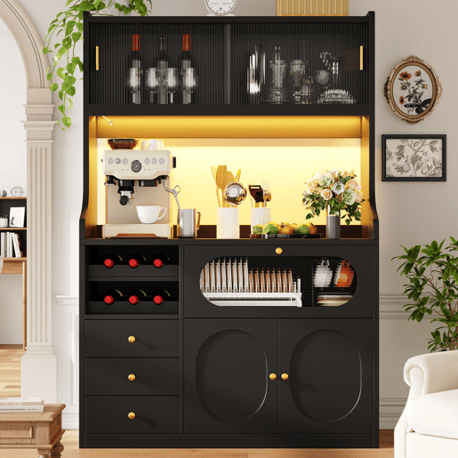 Armário de cozinha de mdf com 5 portas,3 gavetas e luz led,preto Armário de cozinha de mdf com 5 portas,3 gavetas e luz led,preto