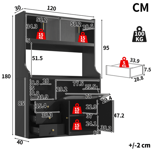 Armário de cozinha de mdf com 5 portas,3 gavetas e luz led,preto Armário de cozinha de mdf com 5 portas,3 gavetas e luz led,preto