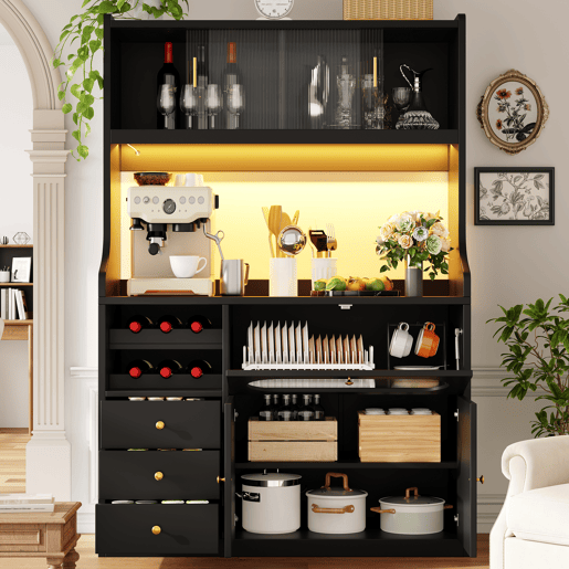 Armário de cozinha de mdf com 5 portas,3 gavetas e luz led,preto Armário de cozinha de mdf com 5 portas,3 gavetas e luz led,preto