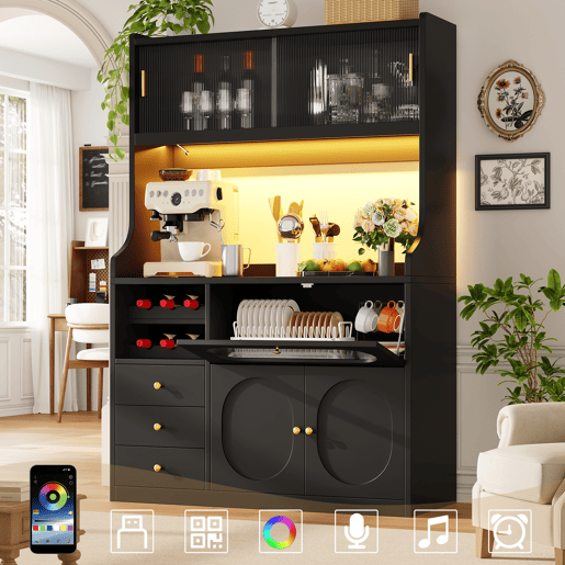 Armário de cozinha de mdf com 5 portas,3 gavetas e luz led,preto Armário de cozinha de mdf com 5 portas,3 gavetas e luz led,preto