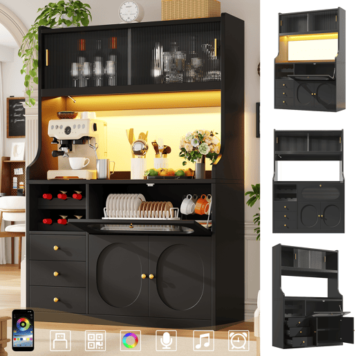 Armário de cozinha de mdf com 5 portas,3 gavetas e luz led,preto Armário de cozinha de mdf com 5 portas,3 gavetas e luz led,preto
