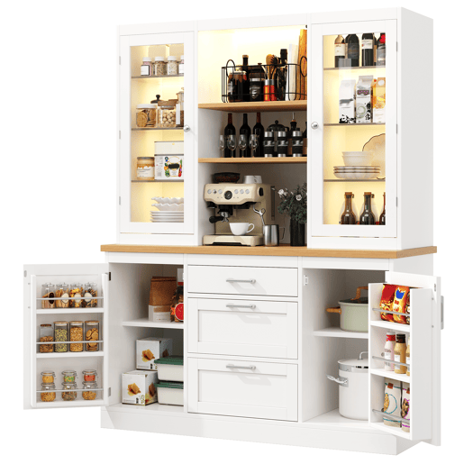 Armário de cozinha de mdf com 4 portas,3 gavetas e luz led,branco Armário de cozinha de mdf com 4 portas,3 gavetas e luz led,branco