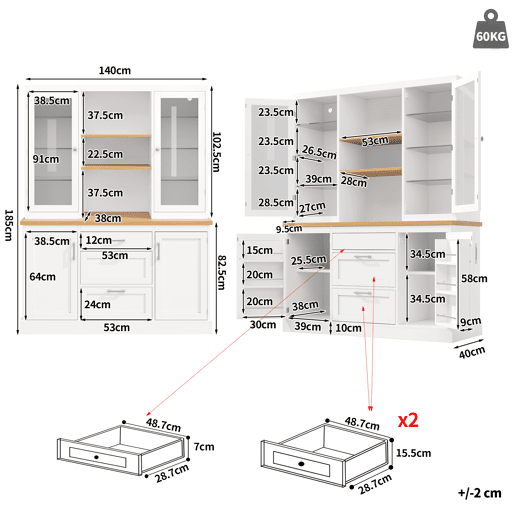 Armário de cozinha de mdf com 4 portas,3 gavetas e luz led,branco Armário de cozinha de mdf com 4 portas,3 gavetas e luz led,branco