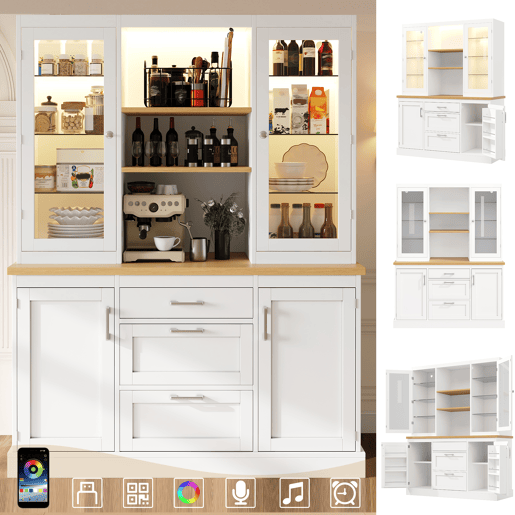 Armário de cozinha de mdf com 4 portas,3 gavetas e luz led,branco Armário de cozinha de mdf com 4 portas,3 gavetas e luz led,branco