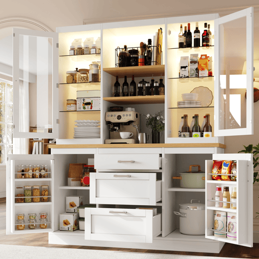 Armário de cozinha de mdf com 4 portas,3 gavetas e luz led,branco Armário de cozinha de mdf com 4 portas,3 gavetas e luz led,branco