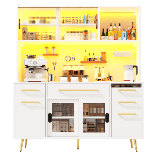 Armário de cozinha de mdf com 5 portas,3 gavetas e luz led,branco