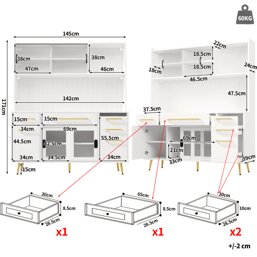 Armário de cozinha de mdf com 5 portas,3 gavetas e luz led,branco