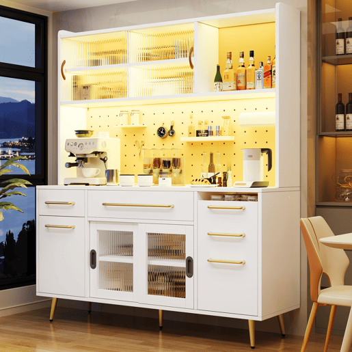 Armário de cozinha de mdf com 5 portas,3 gavetas e luz led,branco