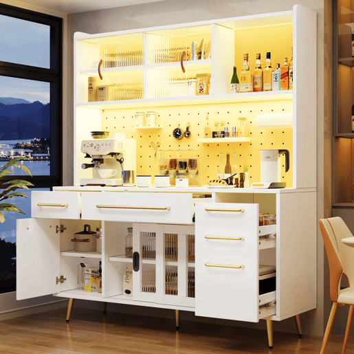 Armário de cozinha de mdf com 5 portas,3 gavetas e luz led,branco