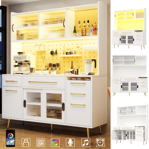 Armário de cozinha de mdf com 5 portas,3 gavetas e luz led,branco