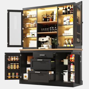 Armário de cozinha de mdf com 4 portas,3 gavetas e luz led,preto