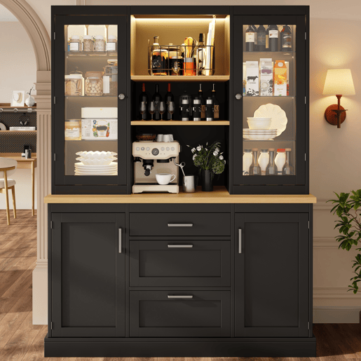 Armário de cozinha de mdf com 4 portas,3 gavetas e luz led,preto Armário de cozinha de mdf com 4 portas,3 gavetas e luz led,preto
