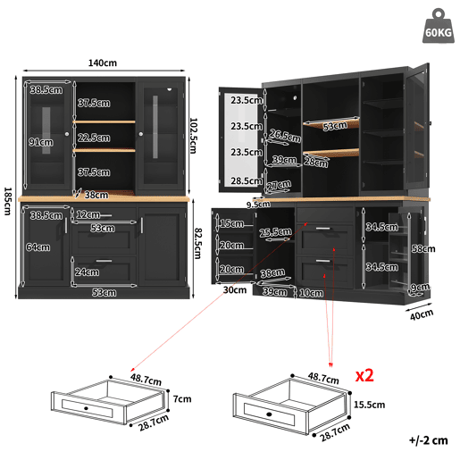 Armário de cozinha de mdf com 4 portas,3 gavetas e luz led,preto Armário de cozinha de mdf com 4 portas,3 gavetas e luz led,preto
