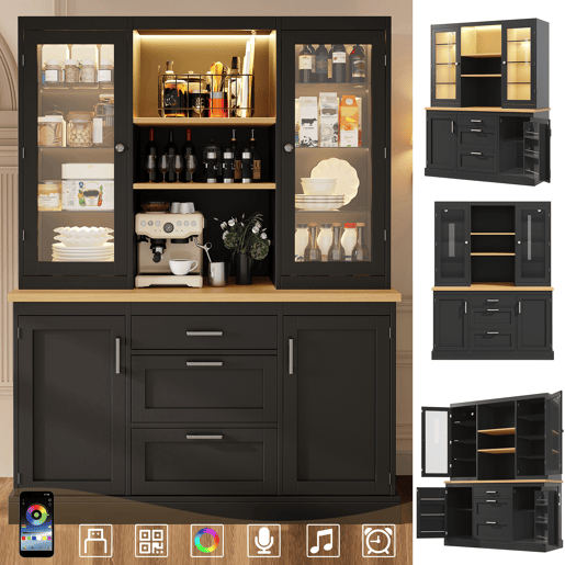 Armário de cozinha de mdf com 4 portas,3 gavetas e luz led,preto Armário de cozinha de mdf com 4 portas,3 gavetas e luz led,preto