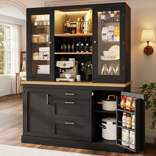 Armário de cozinha de mdf com 4 portas,3 gavetas e luz led,preto Armário de cozinha de mdf com 4 portas,3 gavetas e luz led,preto