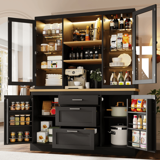 Armário de cozinha de mdf com 4 portas,3 gavetas e luz led,preto Armário de cozinha de mdf com 4 portas,3 gavetas e luz led,preto