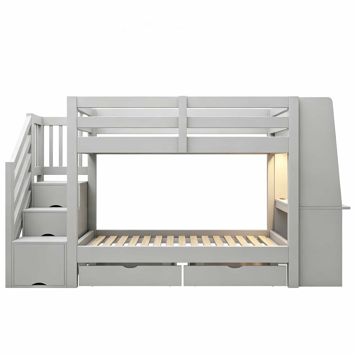 Litera infantil 90x200 cm - con escritorio integrado, luz led, enchufe, cajones y escalera - gris