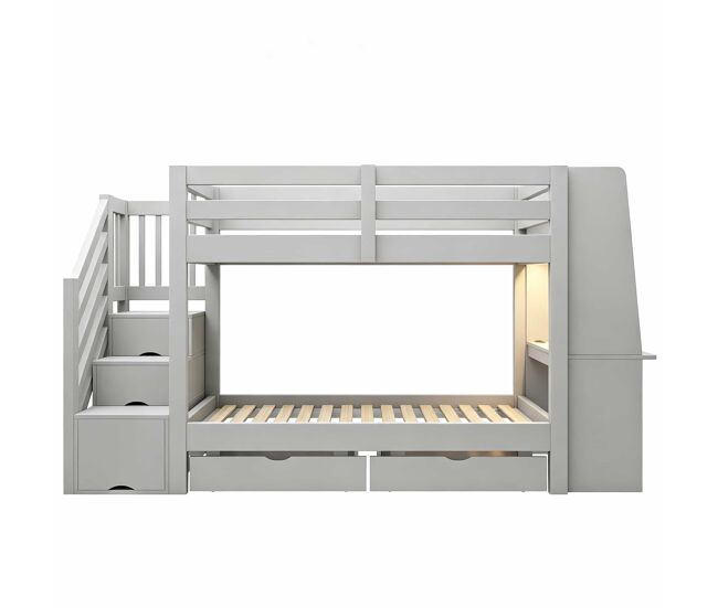 Litera infantil 90x200 cm - con escritorio integrado, luz led, enchufe, cajones y escalera - gris