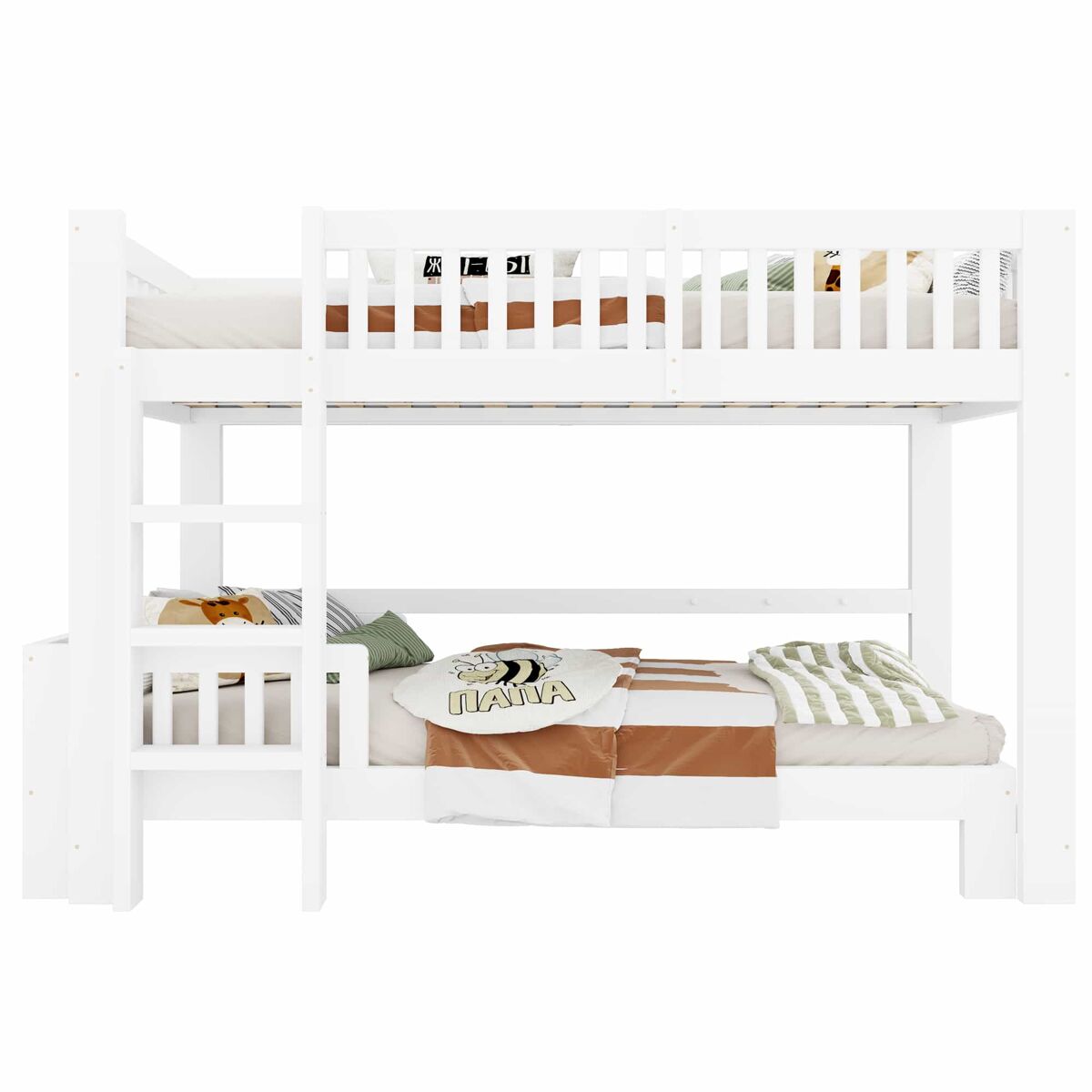Cama infantil modular 90x200 cm - litera y cama individual combinables, madera maciza, barandilla de seguridad, esquinas redondeadas - blanco