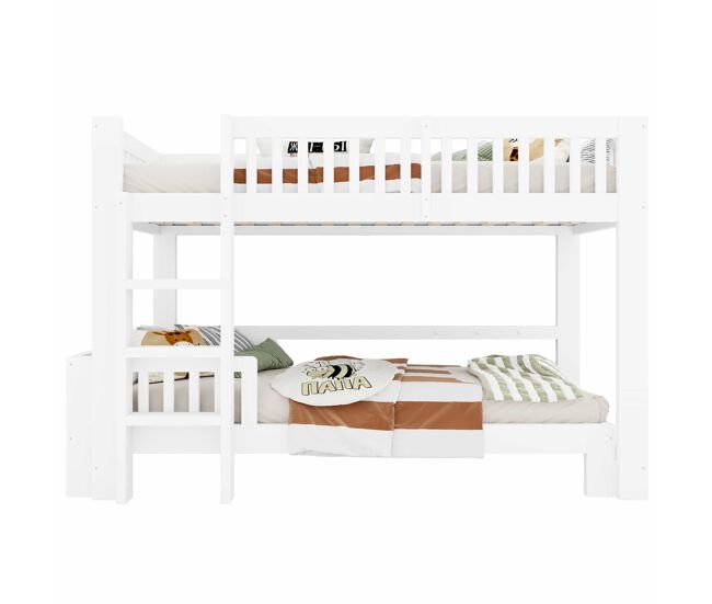 Cama infantil modular 90x200 cm - litera y cama individual combinables, madera maciza, barandilla de seguridad, esquinas redondeadas - blanco