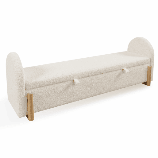 Banco baú 166x47x61 cm - arrumação hidráulica, Chenille Bouclé, fecho suave - Branco Banco baú 166x47x61 cm - arrumação hidráulica, Chenille Bouclé, fecho suave - Branco