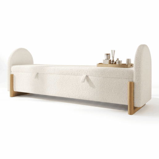 Banco baú 166x47x61 cm - arrumação hidráulica, Chenille Bouclé, fecho suave - Branco Banco baú 166x47x61 cm - arrumação hidráulica, Chenille Bouclé, fecho suave - Branco